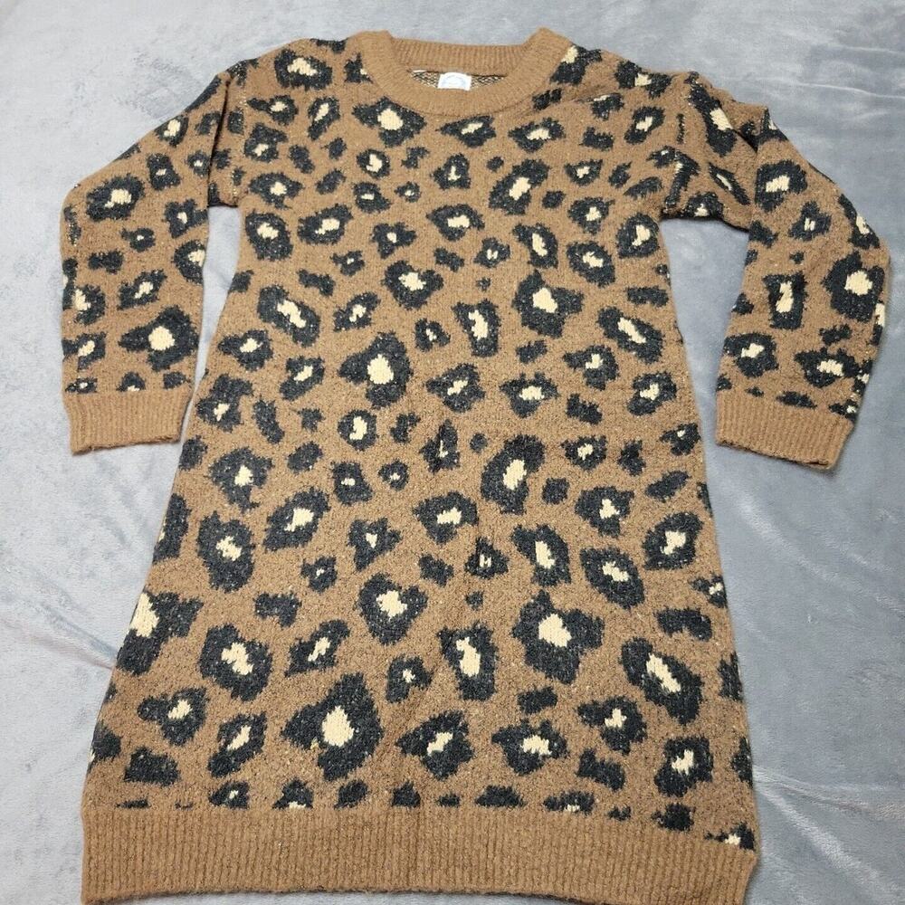 New Francescas Blue Rain Sweater Dress Women Small Brown Black Leopard Mock Wool